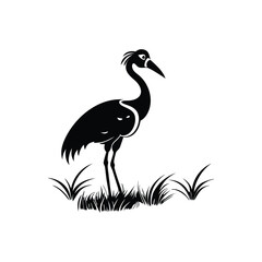  Black and White Heron Bird Silhouette with Grass – Vector Illustration