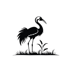  Black and White Heron Bird Silhouette with Grass – Vector Illustration