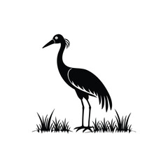  Black and White Heron Bird Silhouette with Grass – Vector Illustration