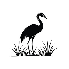  Black and White Heron Bird Silhouette with Grass – Vector Illustration