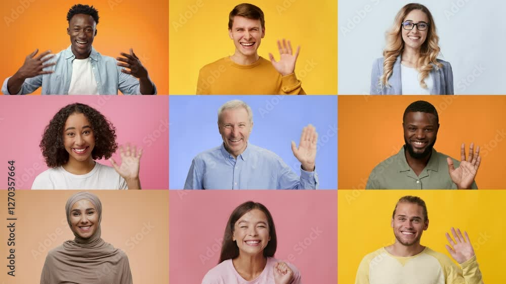 Poster a vibrant collage showcases a diverse group of individuals happily waving hello. each person express
