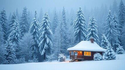 A serene winter wonderland with snow covered trees and a cozy cabin in the background, snowy cabin, winter, frosty landscape