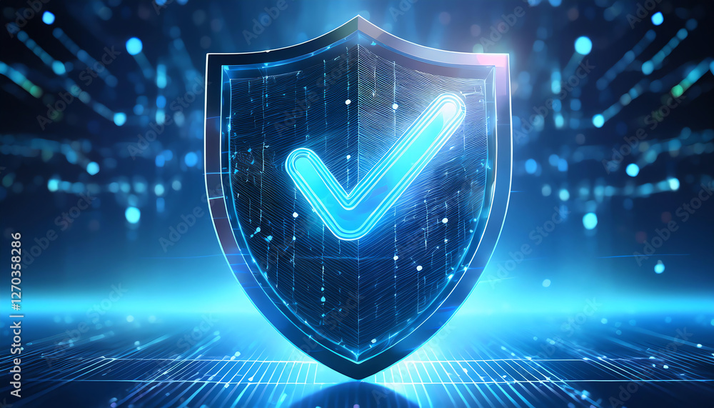 Poster a digital shield with a glowing checkmark symbolizing security and verification in a futuristic, tec