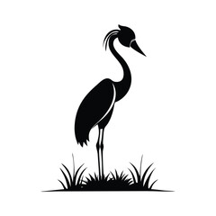  Black and White Heron Bird Silhouette with Grass – Vector Illustration