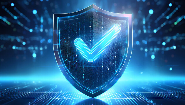 A digital shield with a glowing checkmark symbolizing security and verification in a futuristic, tech-themed environment.
