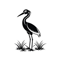  Black and White Heron Bird Silhouette with Grass – Vector Illustration