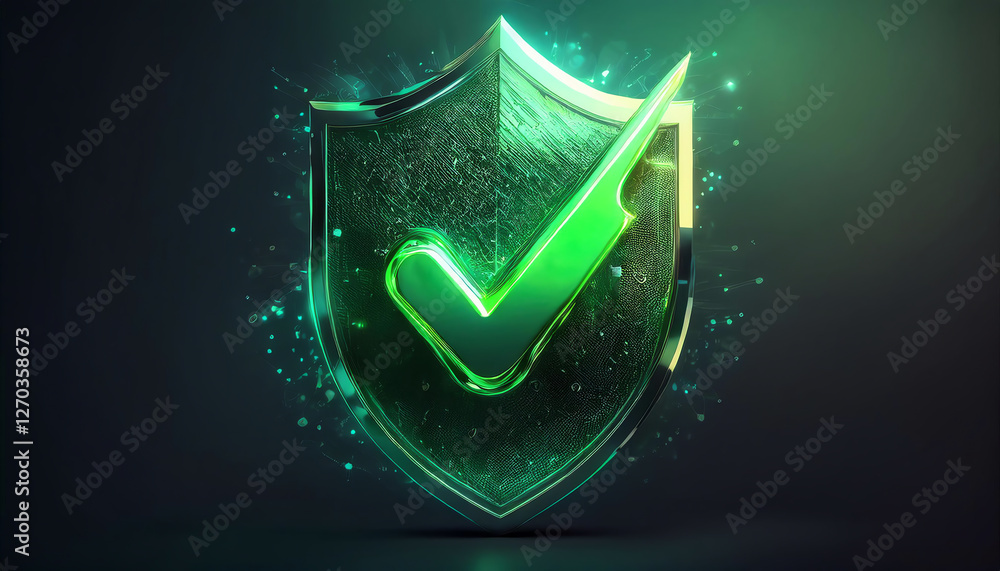 Aufkleber a glowing green shield with a check mark symbolizes security and protection in a digital context.