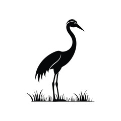  Black and White Heron Bird Silhouette with Grass – Vector Illustration