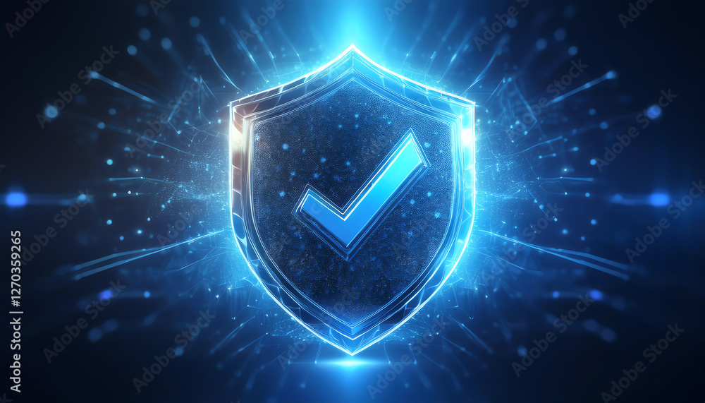 Poster a glowing shield with a checkmark symbolizes security and protection in a digital context.
