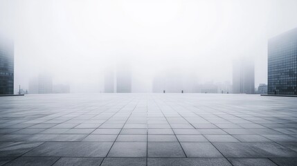 A sleek city plaza with a skyline emerging from fog. Featuring mystery and intrigue