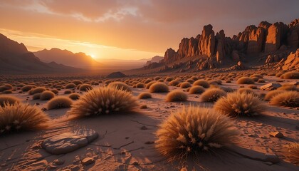 Desert Landscape at Sunset with Tumbleweeds and Rocky Mountains