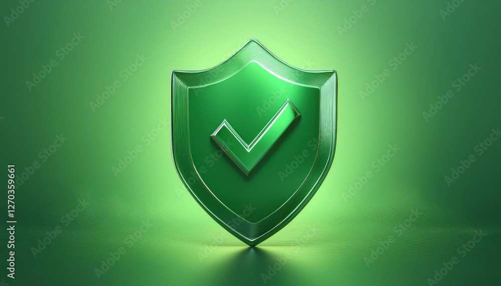 Poster a glossy green shield with a checkmark symbolizes security and trust, representing protection and as