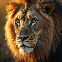 Naklejka premium Regal Lion Portrait Bathed in Golden Sunset Light