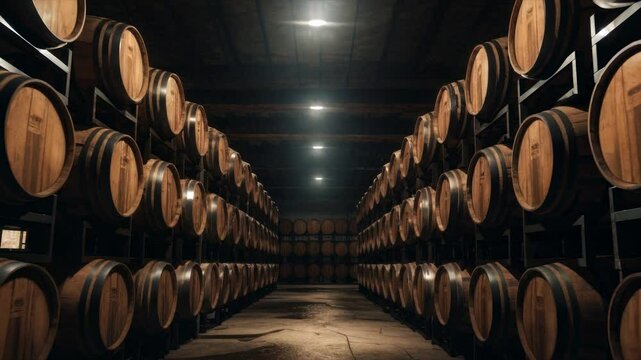 A cinematic video shot of a wine cellar with a low-angle view, showcasing rows of wooden barrels under soft, ambient lighting for a rustic feel.