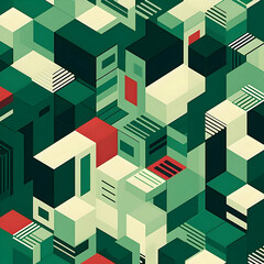 Abstract geometric design featuring layered cubes in varying shades of green and red.