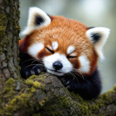 Peaceful Red Panda Napping on Mossy Branch in Natural Habitat