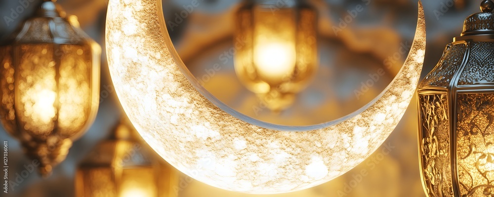 Poster illuminated crescent moon and lanterns create a warm atmosphere