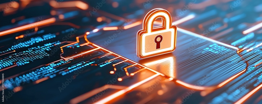 Poster a glowing padlock symbolizing cybersecurity stands on a digital circuit board, emphasizing data prot