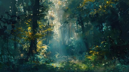 Mystical Sunlit Forest Painting with Lush Greenery