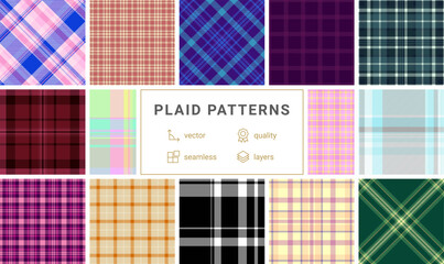 Collection of 12 vibrant plaid patterns.  Perfect for textile design, apparel, or website backgrounds.  Seamless vector files, highresolution quality.