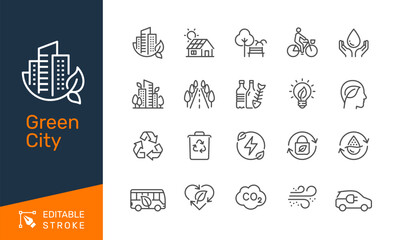 Green city thin line icons. Editable stroke. Pixel perfect.