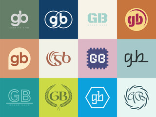 GB logo company template. Letter g and b logotype. Set different classic serif lettering and modern bold text with design elements. Initial font typography.