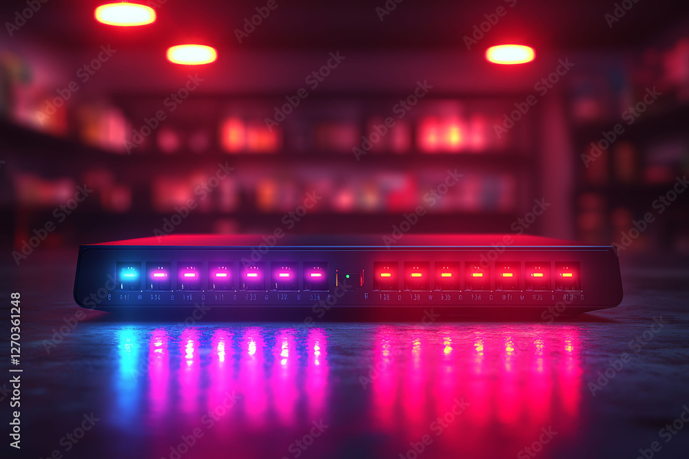 Aufkleber sleek network switch with glowing indicator lights in a dimly lit room. perfect for tech, networking