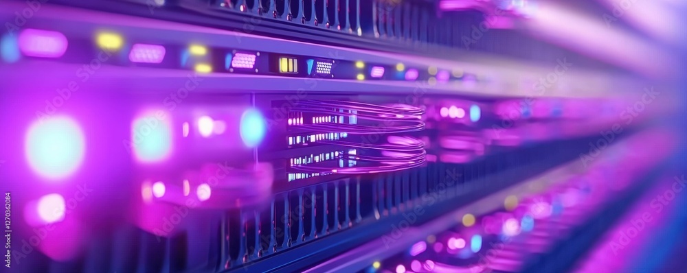 Poster a close-up view of illuminated server racks, showcasing vibrant purple lights, symbolizing advanced 