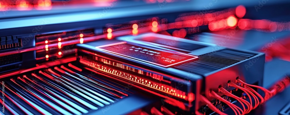 Poster a close-up view of a high-tech device featuring intricate circuitry and glowing red lights, showcasi