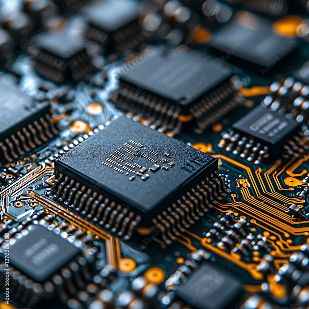 Aufkleber closeup shot of a circuit board, showcasing intricate microchips and pathways. a striking image repr