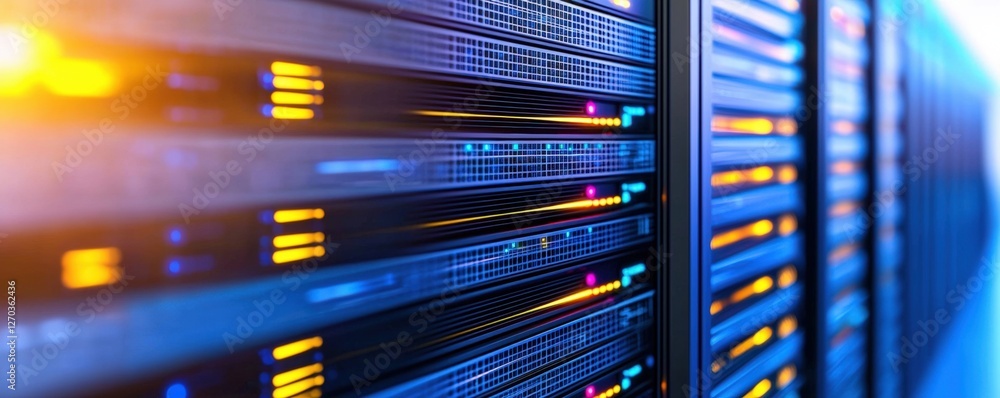 Poster a close-up view of server racks with glowing indicators, highlighting the technology and data manage