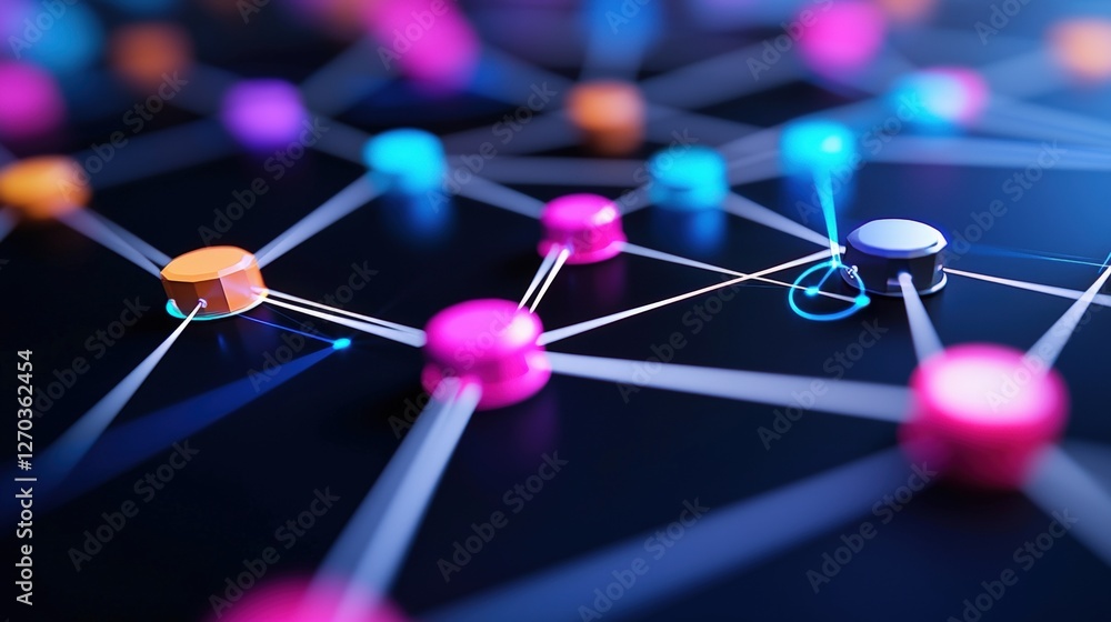 Poster a vibrant digital network intricately connecting colorful nodes, symbolizing data flow and technolog