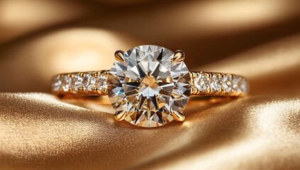 Luxurious diamond ring on golden satin