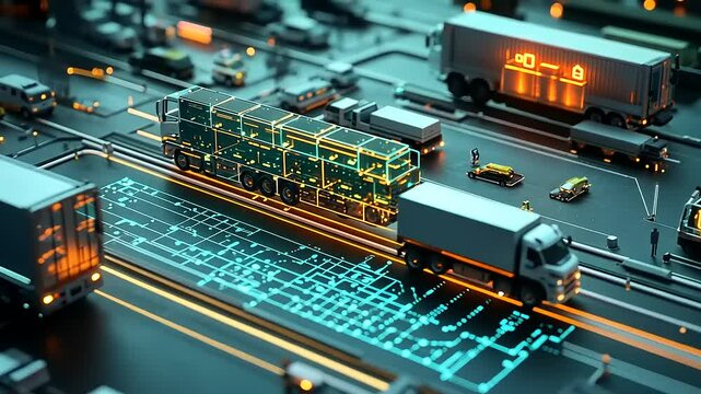 A digital representation of a logistics hub with trucks and containers.