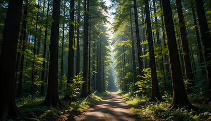 Obraz premium Whispers of the Woods: A Sunlit Path Through the Forest. 
