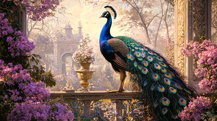 Majestic peacock among blossoms in elegant garden setting