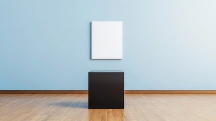 A single white canvas placed centrally on a sleek, black pedestal, with a muted blue backdrop that contrasts softly with the crisp canvas. 