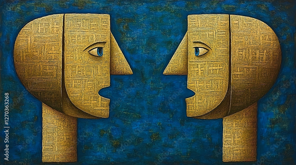 Aufkleber engaging dialogue between two abstract faces art gallery digital artwork contemporary front view com