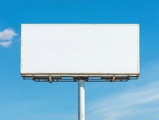 Obraz premium A wide horizontal blank billboard placed at the top of a contemporary building, with clear blue skies and a few scattered clouds in the background. 
