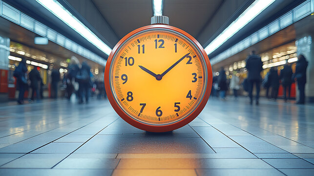 A large, retrostyle clock with an illuminated orange face sits on a polished floor in a bustling train station. - Powered by Adobe