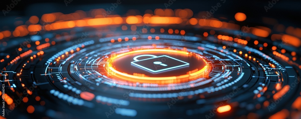 Poster a futuristic digital lock icon surrounded by glowing data patterns, symbolizing security and technol