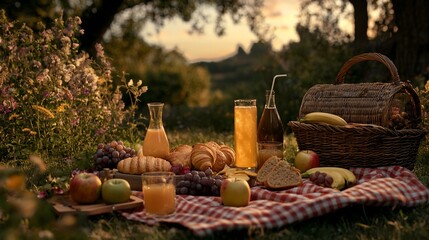 Sunset picnic with croissants, fruit, and juice.