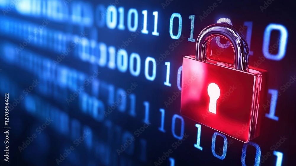 Poster a digital lock icon overlaid on binary code, symbolizing cybersecurity and data protection in the di