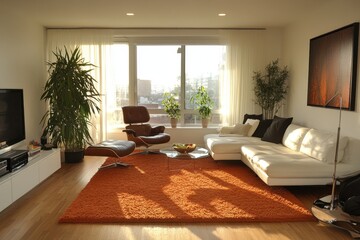Fototapeta premium Modern living room with orange rug, leather chair, and white sectional sofa. Ideal for showcasing home decor, interior design, and real estate listings.
