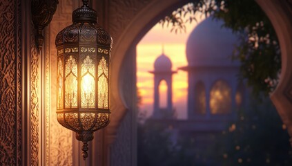 Ornate lantern illuminates archway, mosque backdrop at sunset