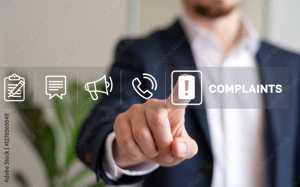 Poster man presses complaints button on a virtual interface screen