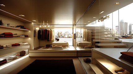 Obraz premium Luxurious yacht cabin with builtin wardrobe stunning city views. Modern minimalist design, showcasing highend closet organization serene bedroom area.