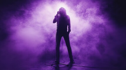 Silhouetted singer on stage in purple haze, microphone in hand. Perfect for music, concert, or performance themes.