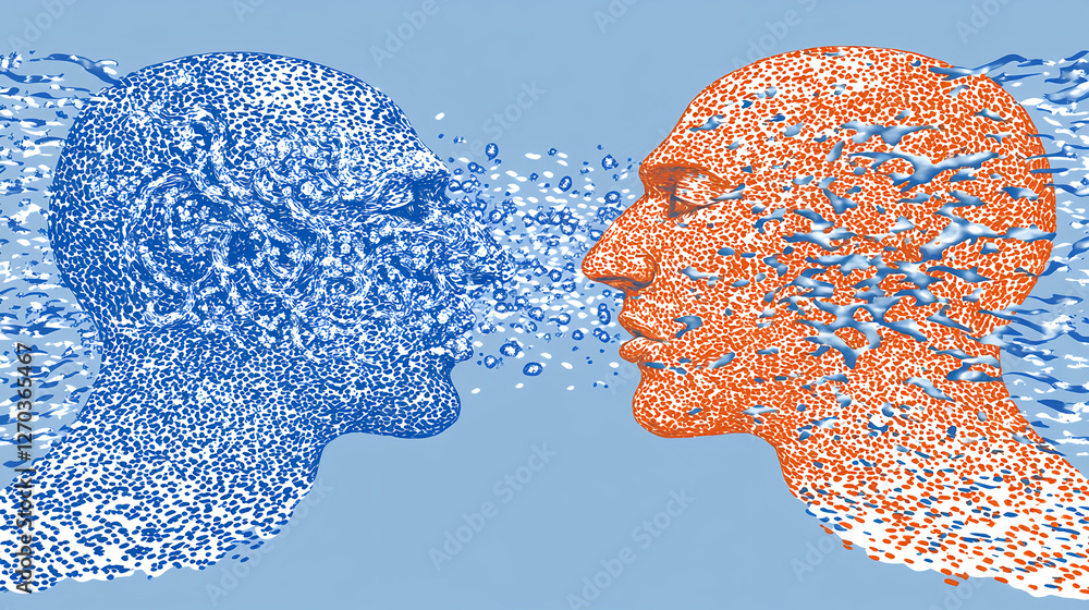 Poster conflict of ideas abstract representation of two faces merging digital art conceptual environment cl