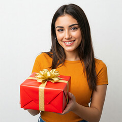 Fototapeta premium young woman with gift box on white background. Young brunette woman wear orange yellow shirt hold red present box with gift ribbon bow look at camera isolated on white color light background.